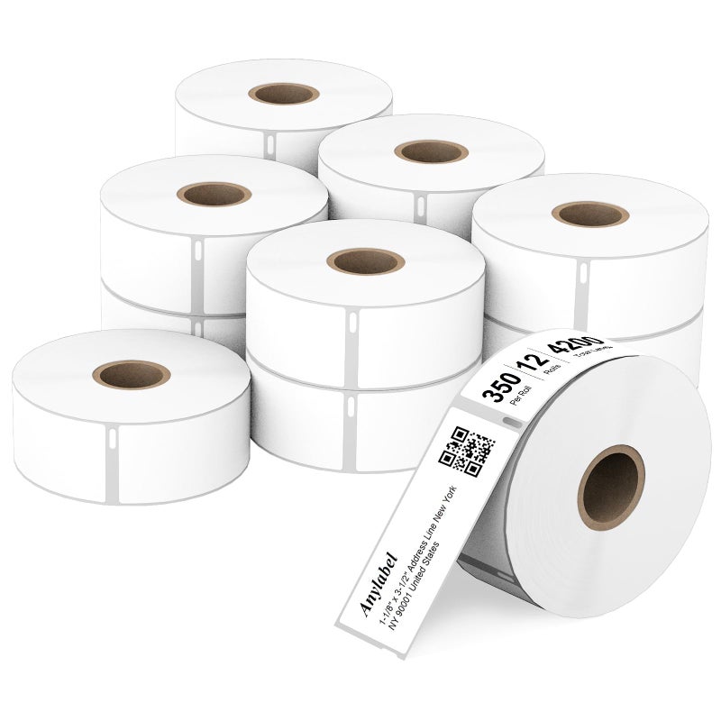 أي تسمية Anylabel متوافق مع 1-1/8" x 3-1/2" استبدال الملصقات الحرارية المباشرة لـ DYMO 30252 الرموز الشريطية لعنوان البريد، متوافق مع طابعات سطح المكتب Rollo وDYMO 4XL وZebra (12 لفة، 350 ملصق/لفة) - Image 1